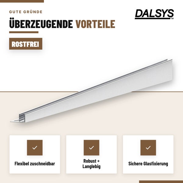 Dalsys Edelstahl Glasleiste Profil für eine sichere Glasfixierung und robuste Kantenverarbeitung in Innenbereichen.
