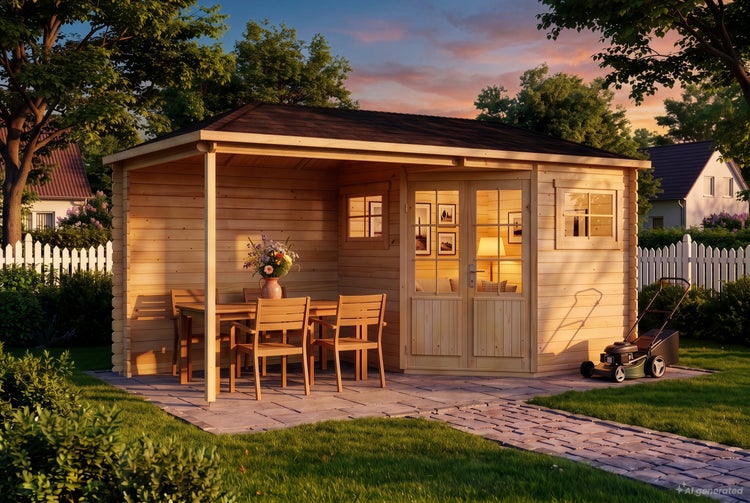 Holzgartenhaus mit integriertem Terrassenbereich, Holztisch und Stühlen auf gepflasterter Fläche vor einem Rasen bei Sonnenuntergang.