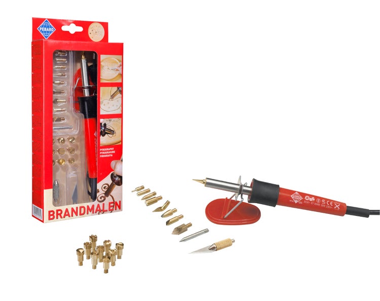 Pebaro Brandmalkolben Set inklusive Zubehör wie Brennspitzen und Stempel in Verpackung