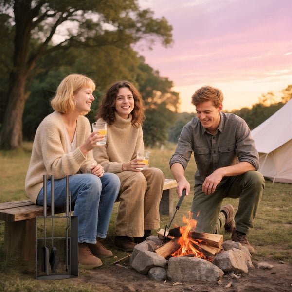 Freunde sitzen am Lagerfeuer mit Zelt im Hintergrund und Kamingarnitur daneben