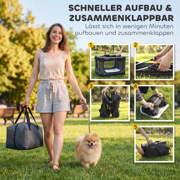 Frau im Park mit Hund und Tragetasche für Hundetransportbox, bebilderte Anleitung zum Zusammenklappen der faltbaren Box aus Stoff und Mesh.