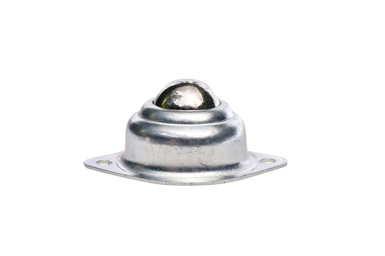 Eine silberne Kugelrolle aus Metall mit Befestigungsflansch zur einfachen Montage.