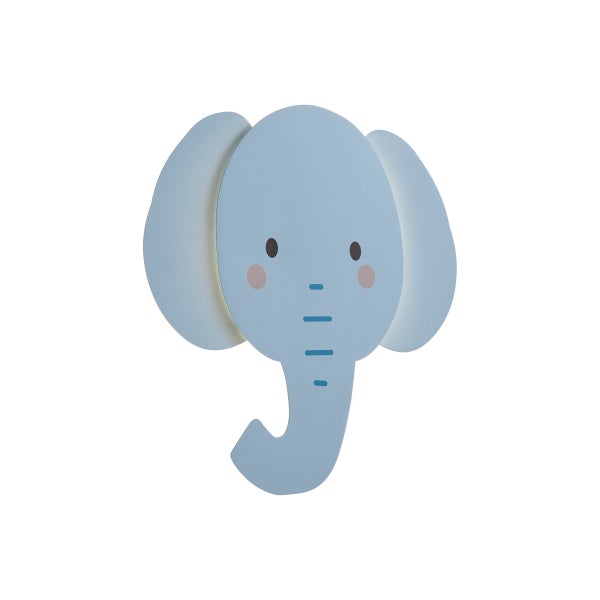 Kinderzimmer-Wandleuchte aus Holz in Form eines blauen Elefanten.