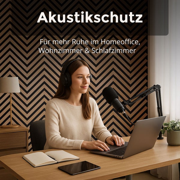 Eine Frau im Homeoffice mit Kopfhörern und Mikrofon vor einer Wand mit Akustikschutz-Paneelen im Zickzack-Muster.