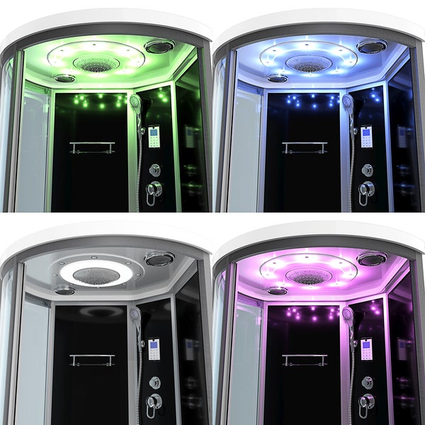 Moderne Duschkabine mit integrierter Regendusche, Handbrause und digitalem Bedienfeld, dargestellt mit verschiedenen LED-Lichtfarben.