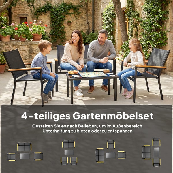 4-teiliges Gartenmöbelset bestehend aus Bank, zwei Stühlen und Tisch. Metallgestell mit Textilgewebe und Holz-Armlehnen auf einer Steinterrasse.
