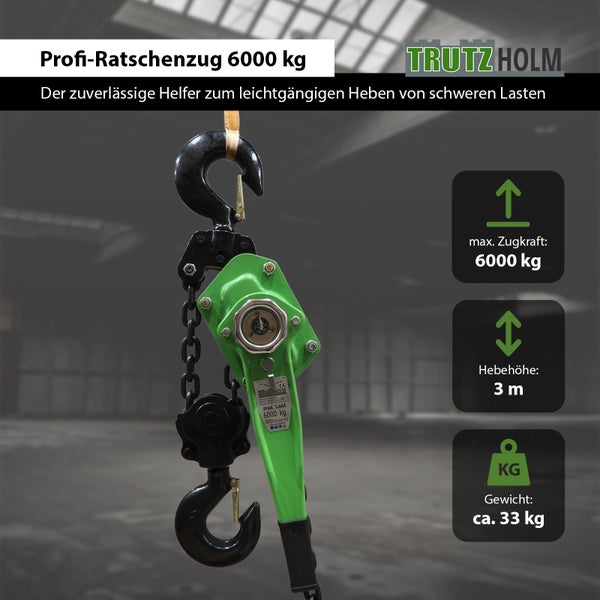 Trutz Holm Profi Ratschenzug mit 6000 Kilogramm Zugkraft und 3 Meter Hebehöhe für schwere Lasten.