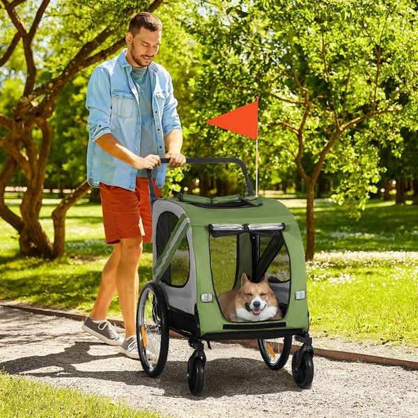 PawHut 2-in-1 Hundeanhänger & Hundebuggy, Hundefahrradanhänger Fahrradanhänger, Hundewagen mit Reflektoren für Mittelgroße Hunde bis 20 kg, Oxford-Gewebe, Grün