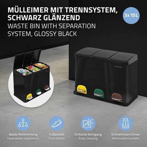 ML-Design Mülleimer Küche 3x 15L (45L), Schwarz, Mülltrennsystem 3 Fächer, Treteimer zur Mülltrennung, Abfalleimer aus Stahl mit Inneneimer aus Kunststoff & Klappdeckel, farblicher Kennzeichnung
