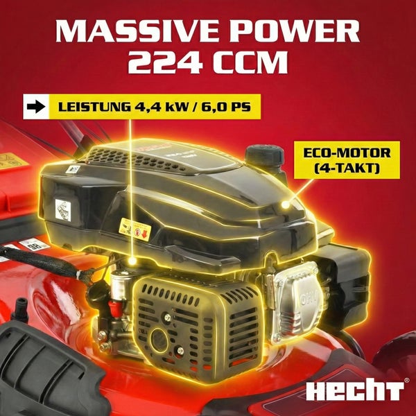 Detailaufnahme des Motors eines Rasenmähers mit der Aufschrift Leistung 4,4 Kilowatt / 6,0 PS und Eco-Motor Viertakt