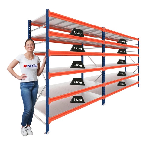 PROREGAL Weitspannregal Schwerlastregal Lagerregal DOMINUS | Komplettregal: 2 Felder | HxBxT 200x480x40cm | 6 Ebenen | Stahlplatten-Fachboden | Fachlast 332 kg | Blau/Orange