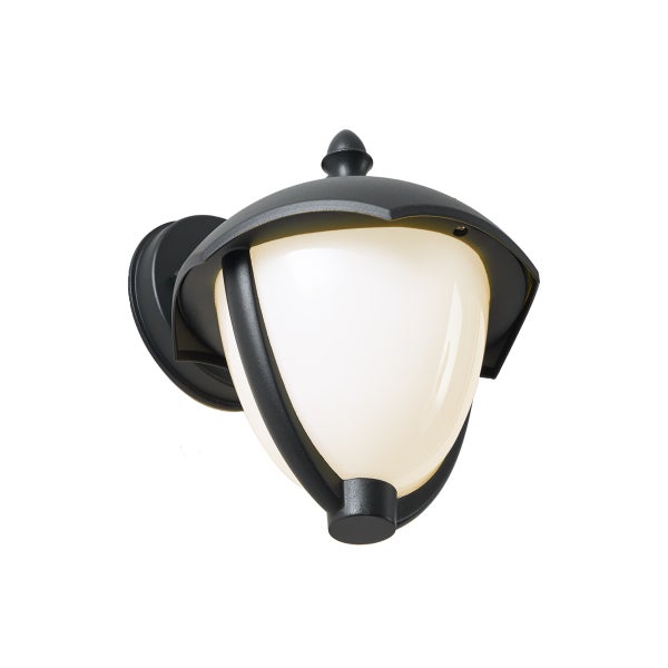 Schwarze Außenwandleuchte mit weißem gewölbtem Schirm und runder Wandhalterung.