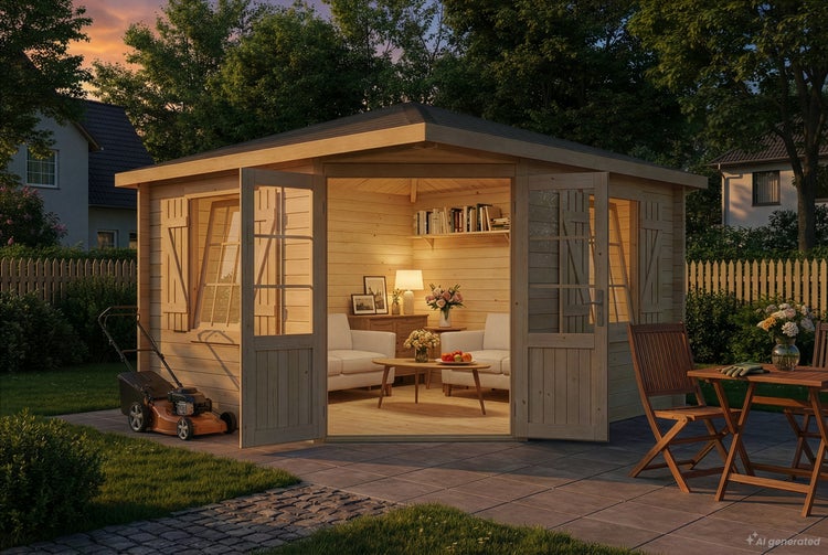 Eckgartenhaus aus Holz mit offenen Doppeltüren, gemütlicher Inneneinrichtung, Terrasse und Garten in der Abenddämmerung.