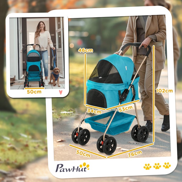 PawHut Hundewagen 3 in 1 Hundebuggy Faltbar Hundebox, klappbar Transporttasche mit Getränkehalter, Hunde Buggy, Katzenwagen mit 360° Räder Katzenbuggy für Mini Hunde unter 4 kg, Türkis