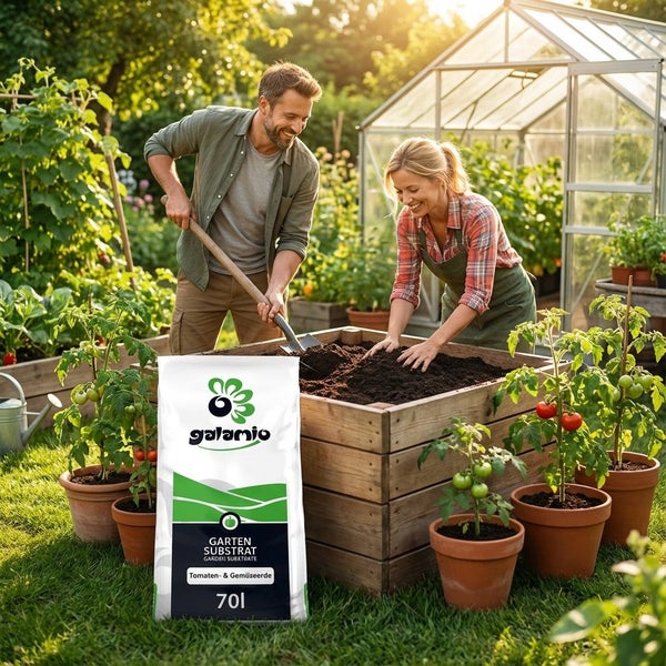 Ein Mann und eine Frau bepflanzen ein Hochbeet im Garten mit Galamio Gartensubstrat Tomaten- und Gemüseerde aus einem 70 Liter Sack.