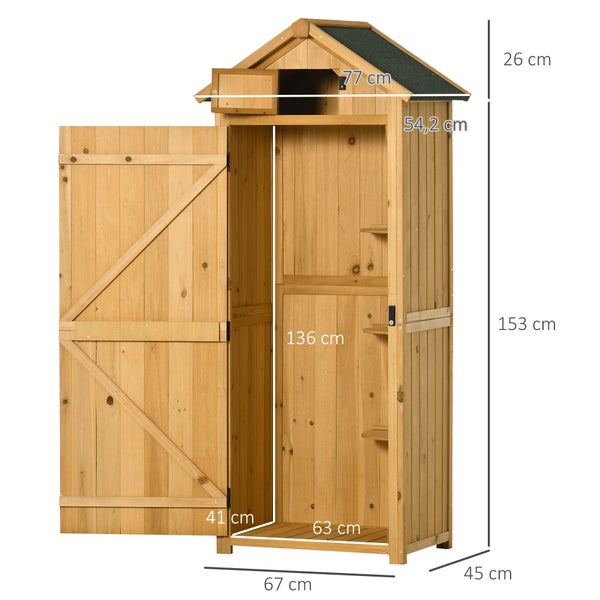 Holzgartenschrank mit geöffneter Tür und Größenangaben