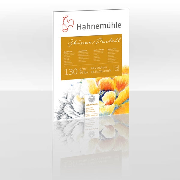 Hahnemühle Skizzen- und Pastellblock, 130 Gramm pro Quadratmeter, 42 mal 59,4 Zentimeter, 30 Blatt, naturweiß, 100 Prozent Hadern.