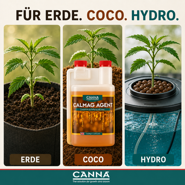 Canna Calmag Agent Pflanzennährstoff für Erde, Kokos und Hydrokulturen in drei Anwendungsbeispielen, Canna Logo.