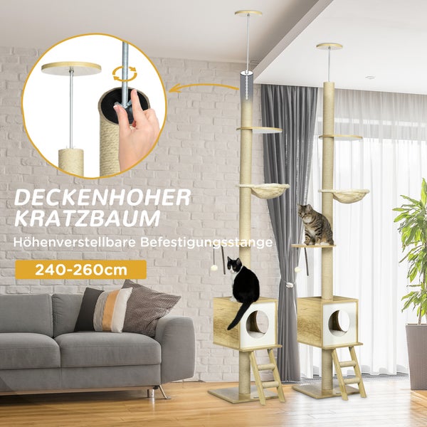 PawHut Kratzbaum, Katzenkratzbaum Deckenhoch, 240-260 cm, Kletterbaum mit Katzenhaus, Jute-Seilpfosten, Hängematte, Katzenleiter, Spielball, Katzenmöbel, Katzenbaum, Kippschutz, Beige+Hellbraun