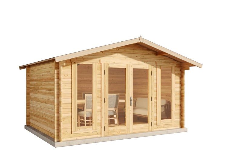 Gartenhaus aus Holz mit Satteldach, großen Glasfronten und Doppeltür, Innenraum mit Sitzmöbeln sichtbar.