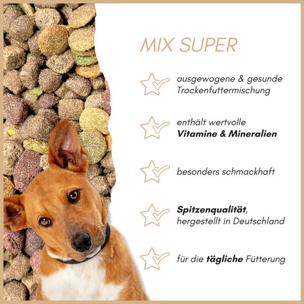 Hundefutter Mix Super Trockenfuttermischung mit Vitaminen und Mineralien, hergestellt in Deutschland, für die tägliche Fütterung.
