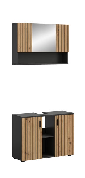 Badezimmermöbel-Set bestehend aus Spiegelschrank und Waschbeckenunterschrank in Anthrazit mit Fronten in Eiche-Optik und Lamellen-Design.