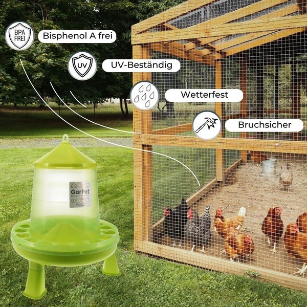 GarPet Futterautomat Hühner mit Stand Füßen grün Geflügel Futterspender Futtertrog 4 Kg Wachteln Trog Automatisch groß