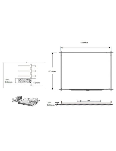 Technische Zeichnung Fundamentplan 3720 mal 3720 Millimeter, Mindesthöhe einhundert Millimeter.
