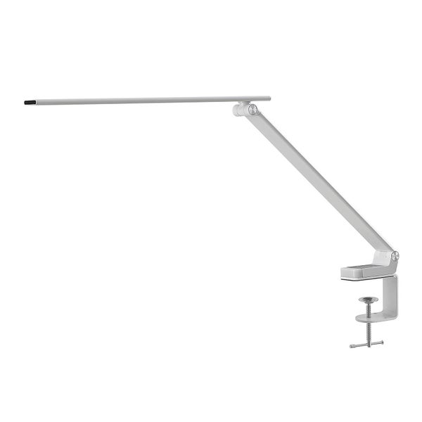 LED-Schreibtischlampe mit Klemmfuß, verstellbarer langer Arm, silbernes schlankes Design aus Metall.