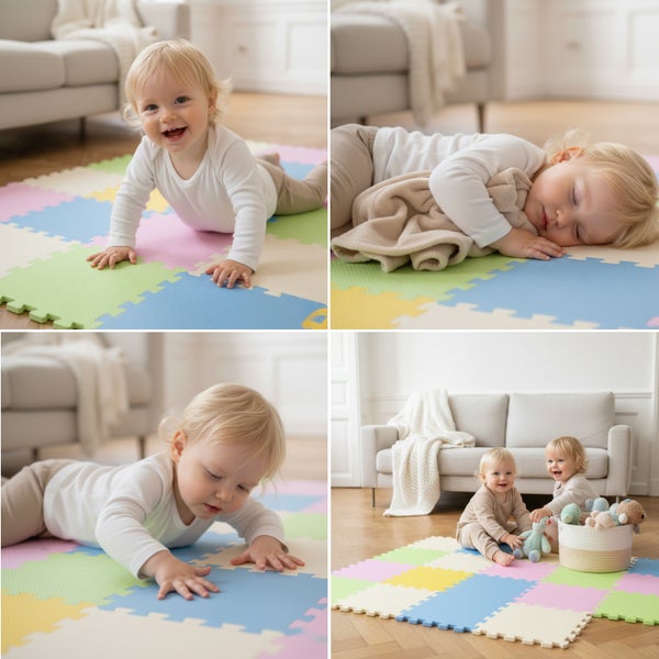 Kleinkinder spielen auf einer bunten Puzzle-Spielmatte aus Schaumstoff in einem hellen Wohnzimmer.
