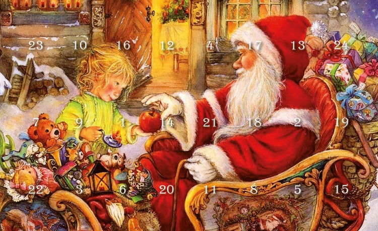 Mini-Adventskalender - Weihnachtsmann mit Mädchen mit 8 Glas-Figuren, 8 Unikugeln aus Glas, 8 Glas-Formen 3cm, 24 Stck., Weihnachtsbaumkugeln, Christbaumschmuck, Weihnachtsbaumanhänger