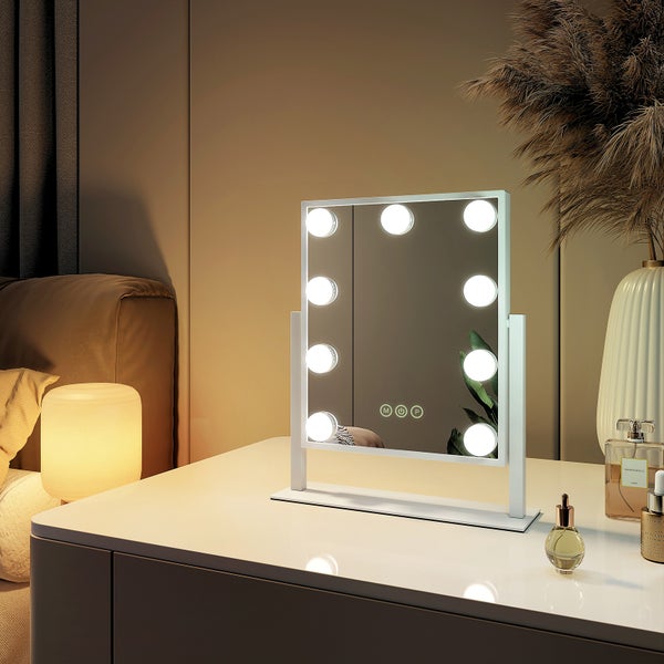 EMKE Hollywood Spiegel Schminkspiegel mit Beleuchtung 9 Dimmbaren LED-Leuchtmitteln  360° Drehbar Kosmetikspiegel mit 3 Lichtfarben 7x Vergrößerung Touch-Steurung,Weiß,25 X 30 CM