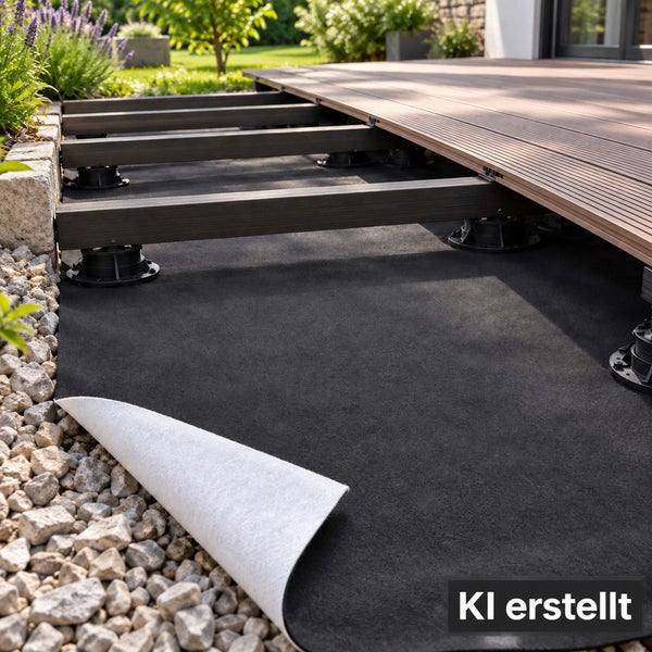 Terrassenunterkonstruktion mit Unkrautvlies und verstellbaren Stelzlagern unter Holzdielen auf einer Gartenfläche.
