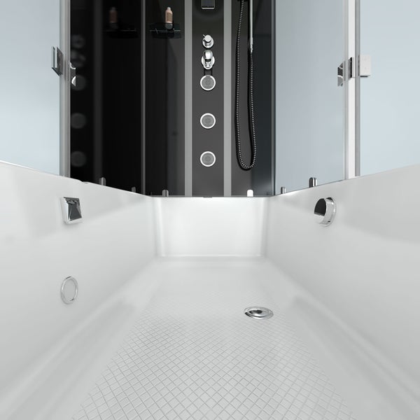 Innenansicht einer modernen Dusch-Badewannen-Kombination mit weißer Wanne mit Anti-Rutsch-Struktur, schwarzem Duschpaneel und Glaswänden.