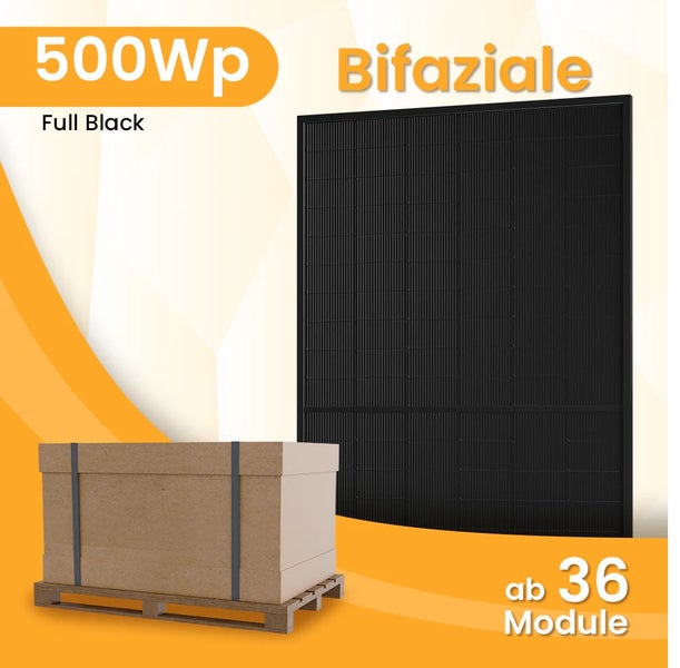 Bifaziales Full Black Solarpanel mit 500 Watt Peak Leistung, Palette ab 36 Module.