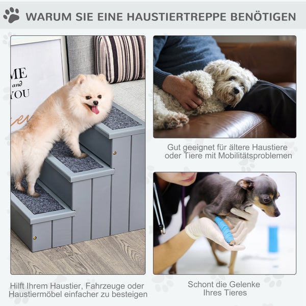 PawHut Hundetreppe 3 Stufen Katzentreppe Haustiertreppe Hundetreppe für Hunde und Katzen Tiertreppe Einstiegshilfe mit Teppich Stauraum für Sofa Bett Tannenholz Grau 40,5 x 44,5 x 38 cm