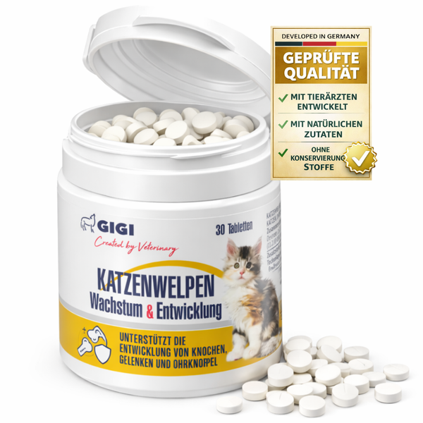 GIGI Logo auf einer Dose mit 30 weißen Tabletten für Katzenwelpen Wachstum und Entwicklung, unterstützt Knochen, Gelenke und Ohrknorpel.