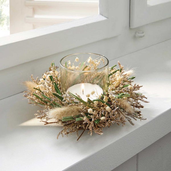 FRANK FLECHTWAREN|Windlicht Flower Whispers, Ø 18 x 8 cm, GLAS, NATURMATERIALIEN, RATTAN
