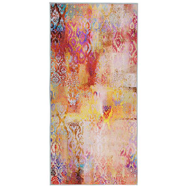 Rechteckiger Teppich mit buntem Patchwork Muster und orientalischen Ornamenten.