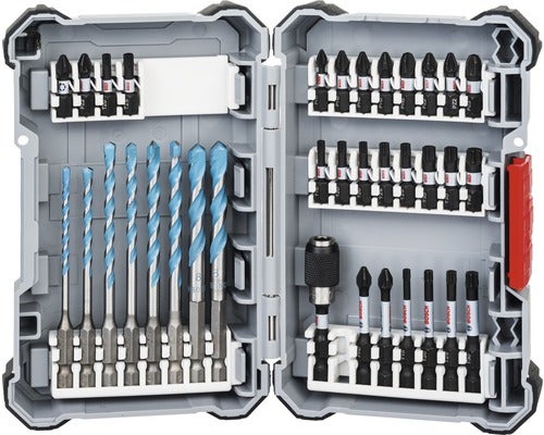 Bosch Bohrer- und Bit-Set im Kunststoffkoffer, bestehend aus Steinbohrern mit Sechskantschaft, verschiedenen Schrauberbits und einem Bithalter.