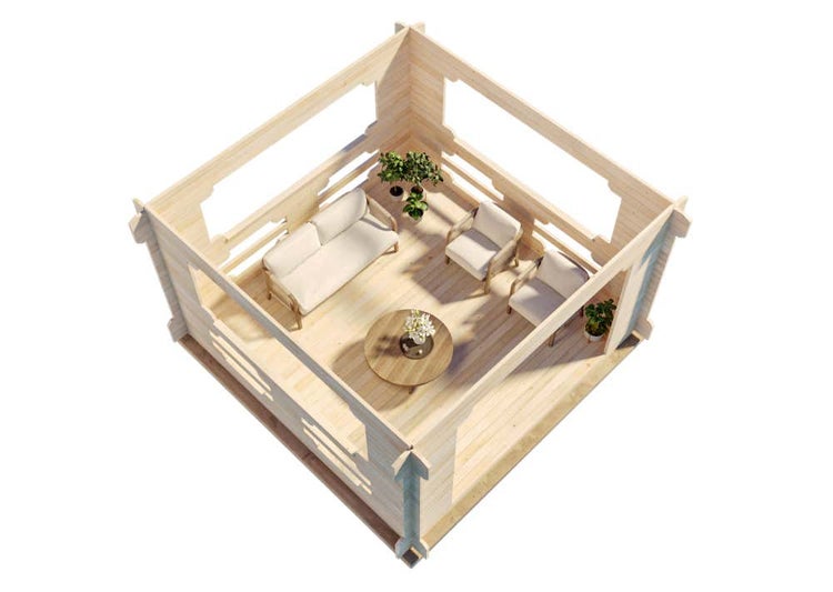 Draufsicht auf ein offenes Gartenhaus aus hellem Holz ohne Dach, eingerichtet mit Sofa, Sesseln, einem runden Tisch und Pflanzen.