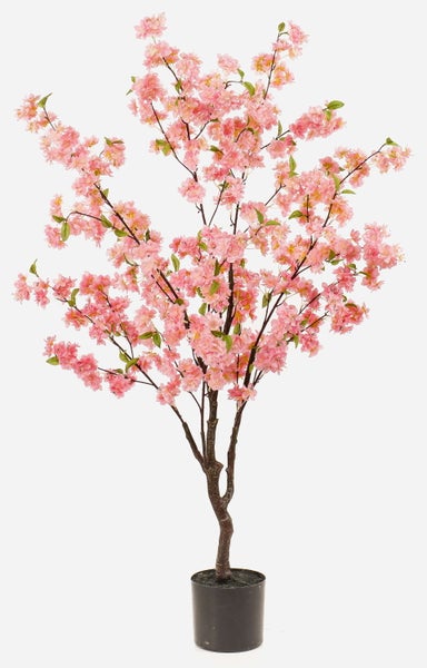 Künstlicher Kirschblütenbaum mit rosa Blüten und grünen Blättern in einem schwarzen Topf.