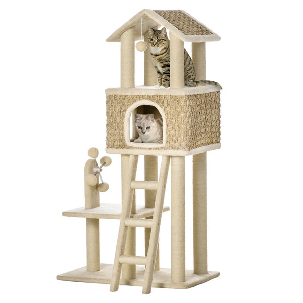 PawHut Kratzbaum Katzenbaum 130H cm Kletterbaum mit Katzenhöhle Spielbälle Jutestämmen großer Plattform Spanplatte Plüsch Khaki+Beige