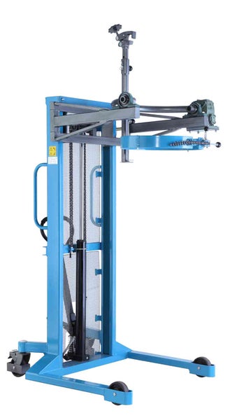 Manueller hydraulischer Fasslifter mit Kippfunktion aus blauem Stahl, Kettenzug und Lenkrollen.