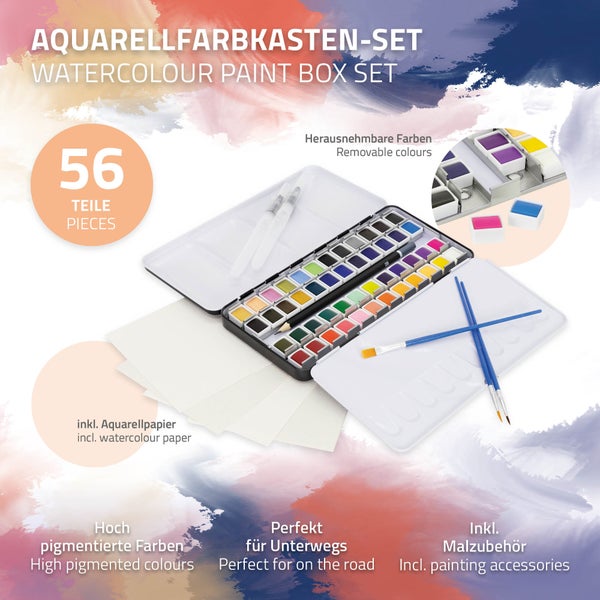 ECD Germany Aquarellfarben Set 48 Farben in tragbarer Box, inkl. 3 Pinsel, 1 Bleistift 2B, 2 Aquarellstift, 4 Aquarellpapier, Vollaquarell-Palette, Malkasten, Wasserfarben Set für Anfänger und Profis