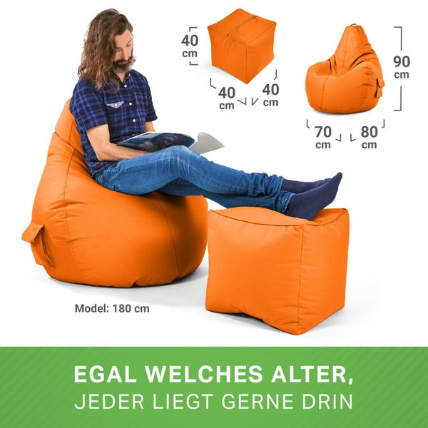 Green Bean 2er Set Sitzsack + Hocker - fertig befüllt - robust waschbar schmutzabweisend - Kinder & Erwachsene Bean Bag Bodenkissen Lounge Sitzhocker Relax-Sessel Gamer Gamingstuhl Pouf - Orange