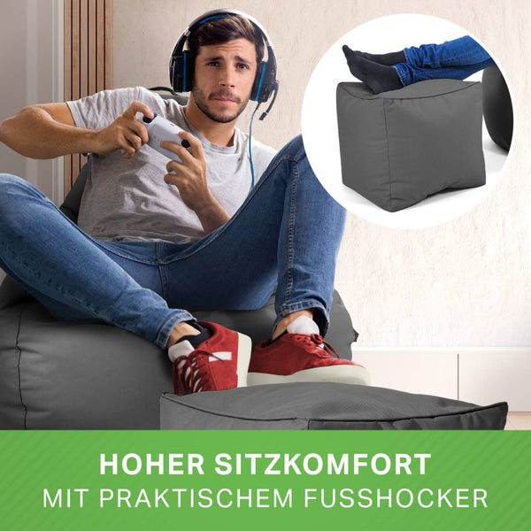 Green Bean 2er Set Sitzsack + Hocker - fertig befüllt - robust waschbar schmutzabweisend - Kinder & Erwachsene Bean Bag Bodenkissen Lounge Sitzhocker Relax-Sessel Gamer Gamingstuhl Pouf - Grau