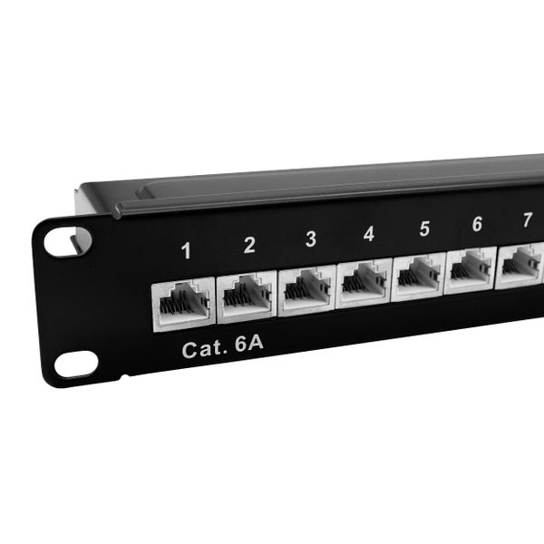 ProfiPatch Cat6a Patchpanel Patchfeld 10 Zoll 12 Port Verteilerfeld geschirmt RJ45 Rackeinbau geschirmt 1HE schwarz