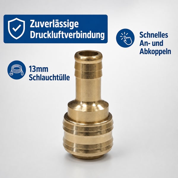 Messing Druckluft Stecknippel mit 13 Millimeter Schlauchtülle für sichere Druckluftverbindungen und schnelles An und Abkoppeln