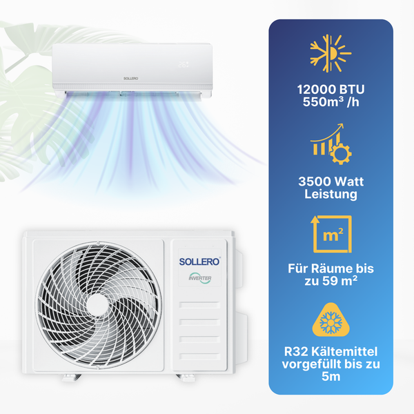 Sollero Klimagerät Split Klimaanlage 12000BTU R32 3,5kW WLAN